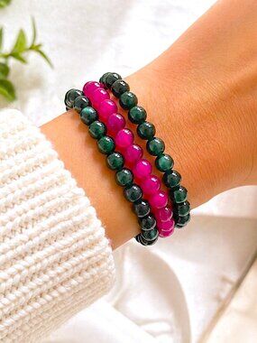 Glass Beaded Stretch Bracelets Set of 3, Dark Pink Green Stackable Boho Jewelry